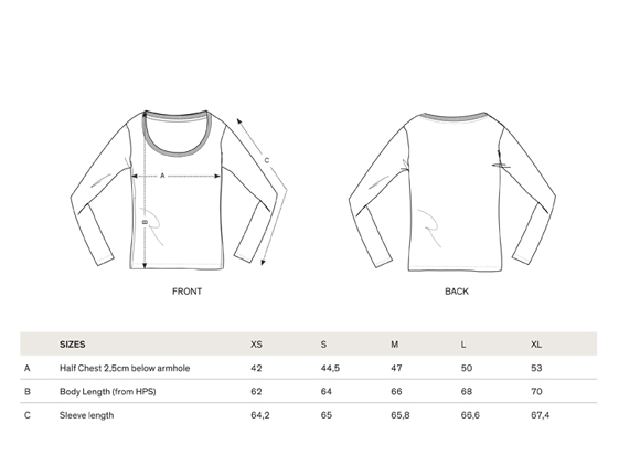 size chart long sleeve women t-shirt