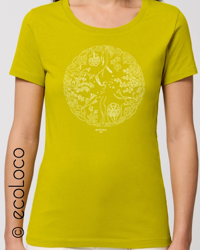 T shirt bio ROUE DE VIE jaune France artisan éthique vegan ecologique